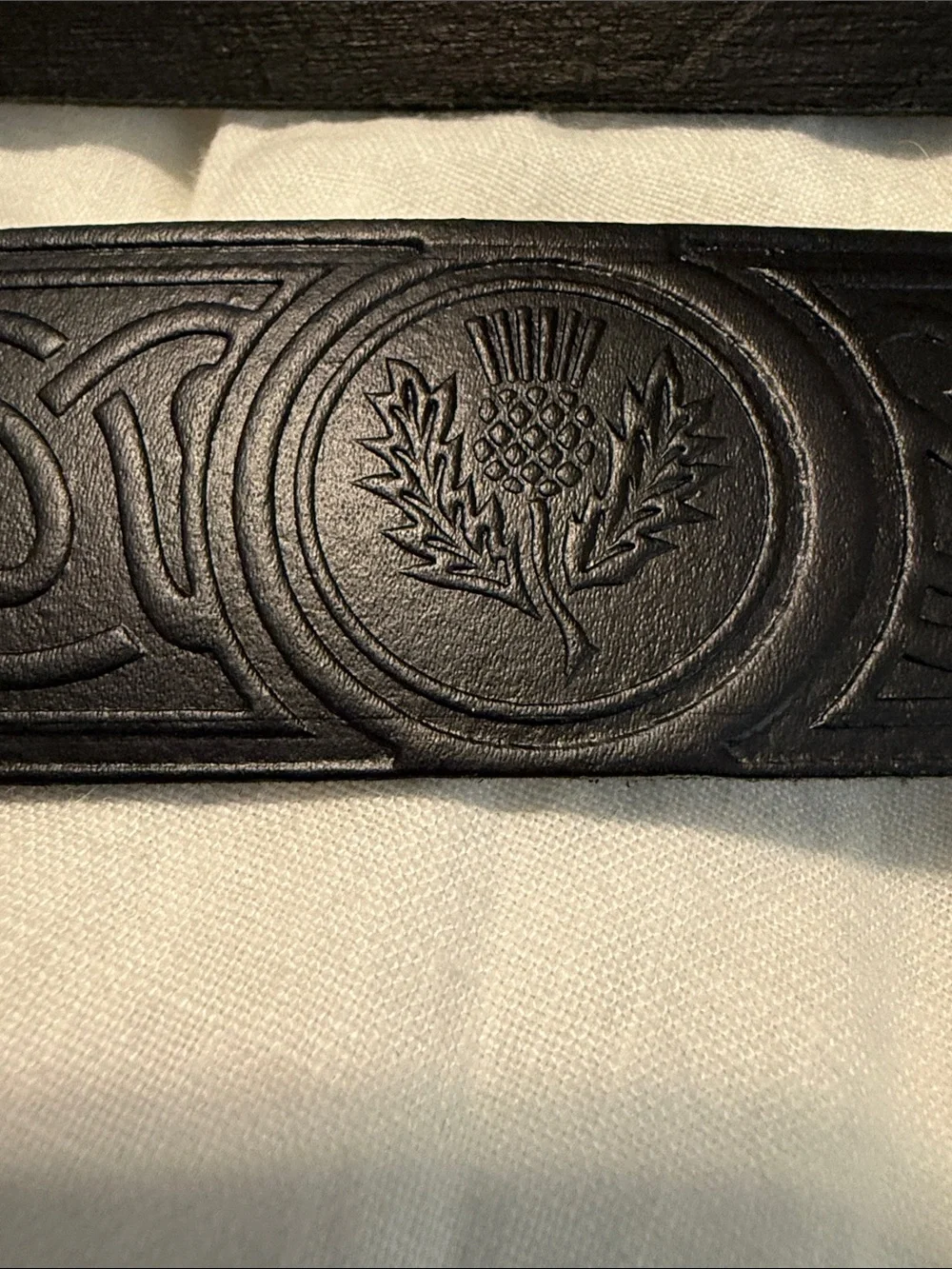 Black Embossed Leather Men's Belt with Celtic Detailing